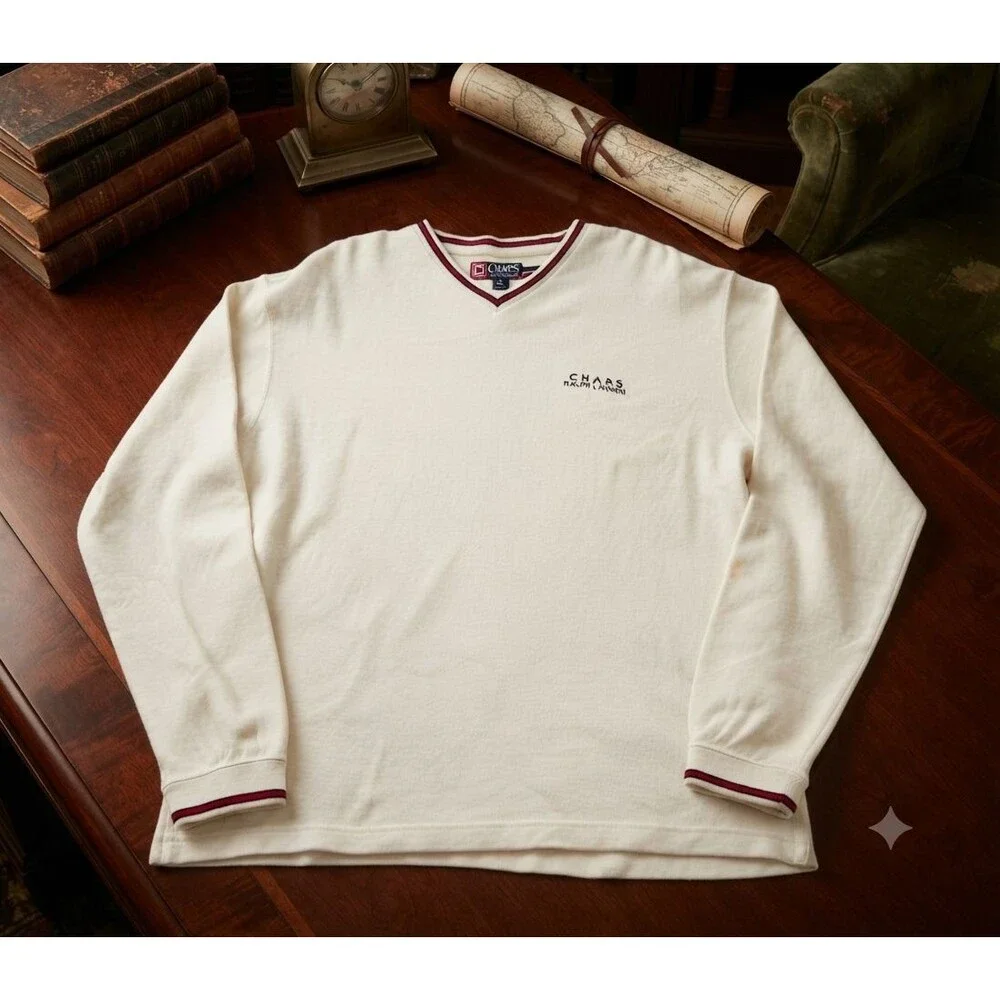 Vntg 90s Chaps Ralph Lauren Mens M Waffle Knit Sweater V‑Neck Pullover Old Money